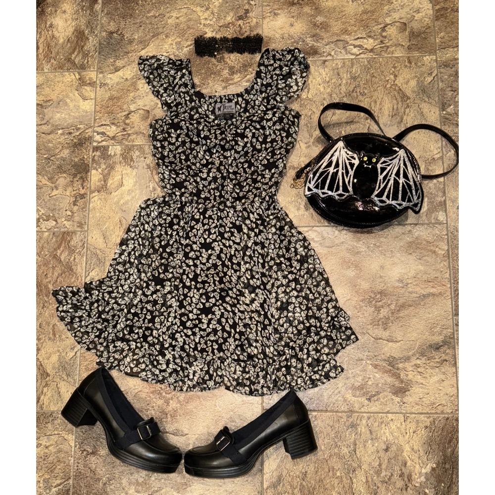 Y2K RARE TRIPP NYC Skull Print Mini Dress Goth‎ Emo Punk Rockabilly Festival XS